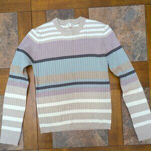 Women's Mystree Color Block Striped Sweater Mocha Purple Teal White- Large